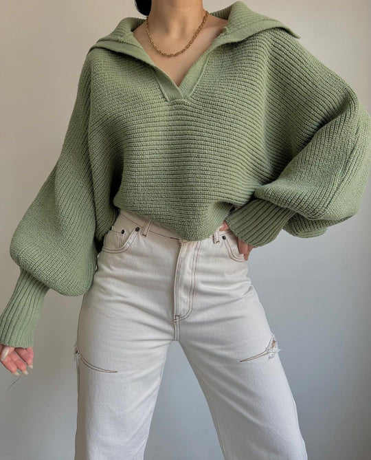 Damen Oversize Rippsweater mit Reverskragen und tiefem V‑Ausschnitt Nord Taschen