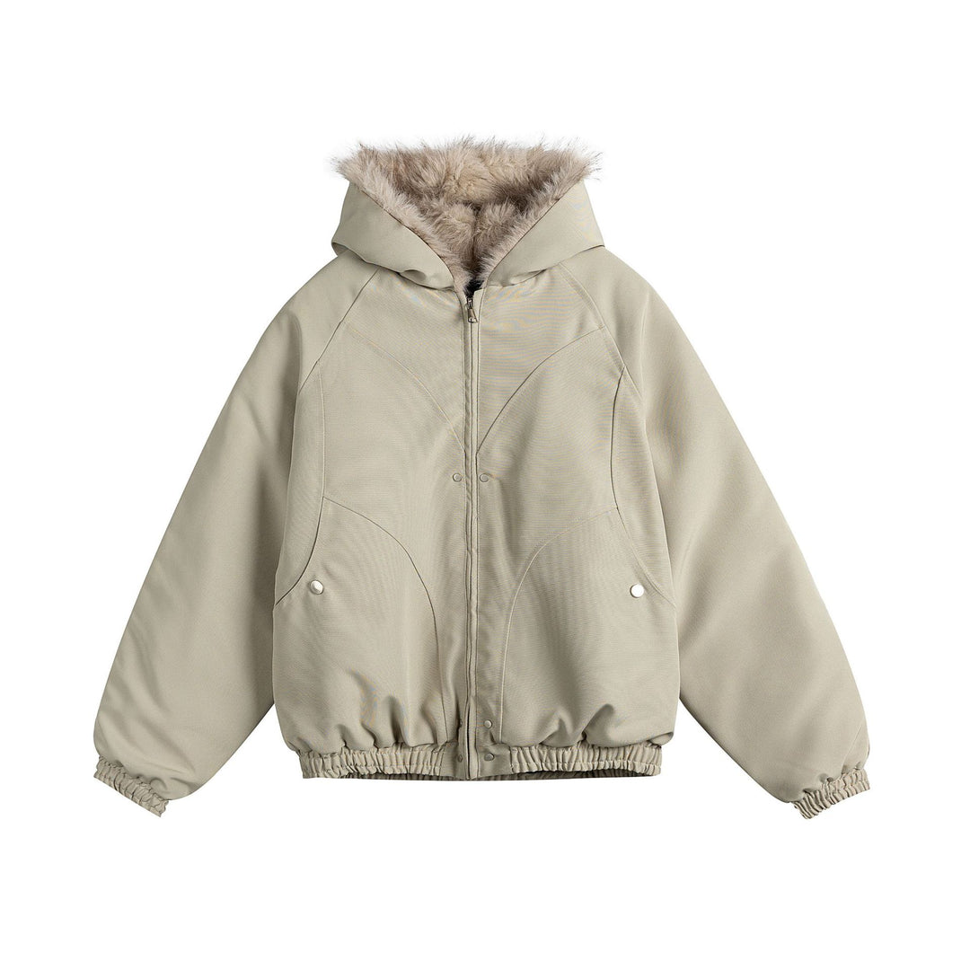 Damen Kurz geschnittene Camouflage-Übergangsjacke mit Kunstfellkapuze und elastischem Saum Nord Taschen