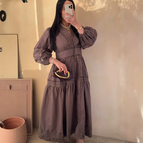 Damen Maxikleid im Boho‑Stil mit Spitzeneinsätzen, Knopfleiste und Ballonärmeln Nord Taschen