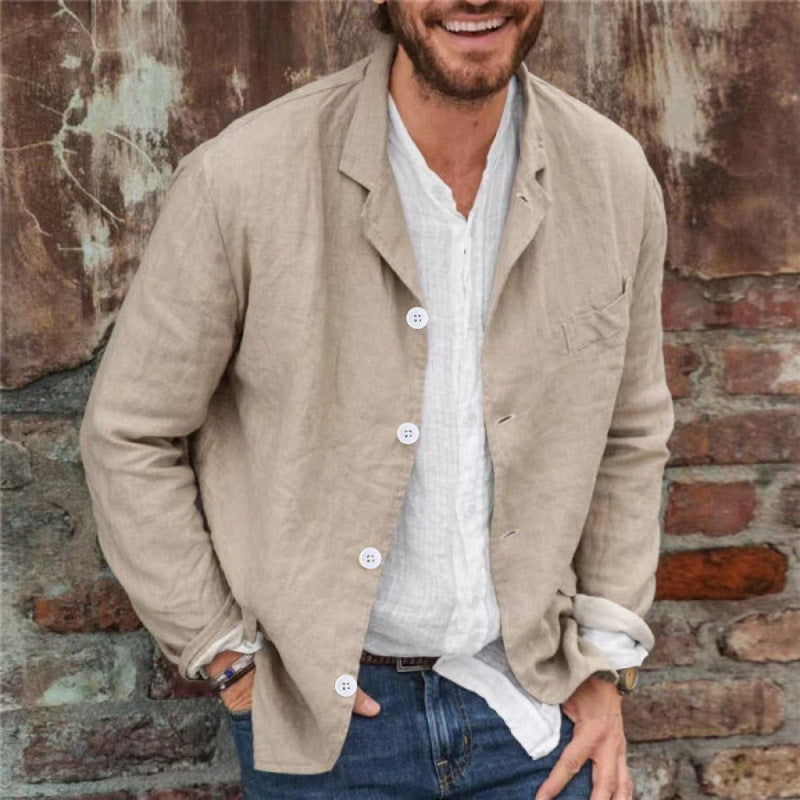 Herren lässige Leinenjacke mit dekorativen Knopfdetails und minimalistischer Schnittführung