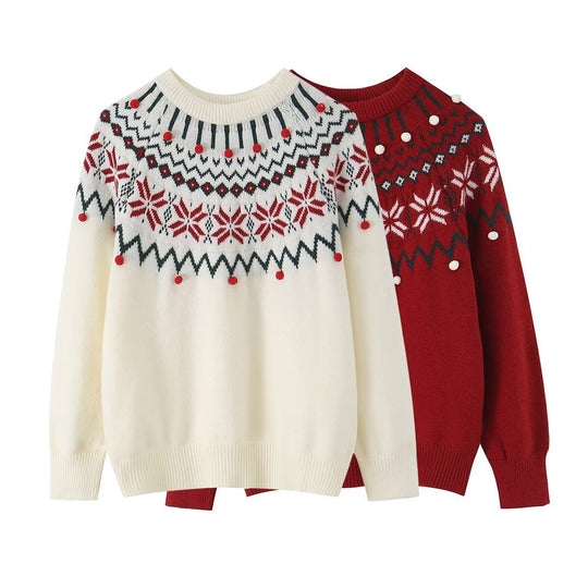 Damen Strickpullover mit Norwegerbordüre und aufgesetzten Zierpompons Nord Taschen
