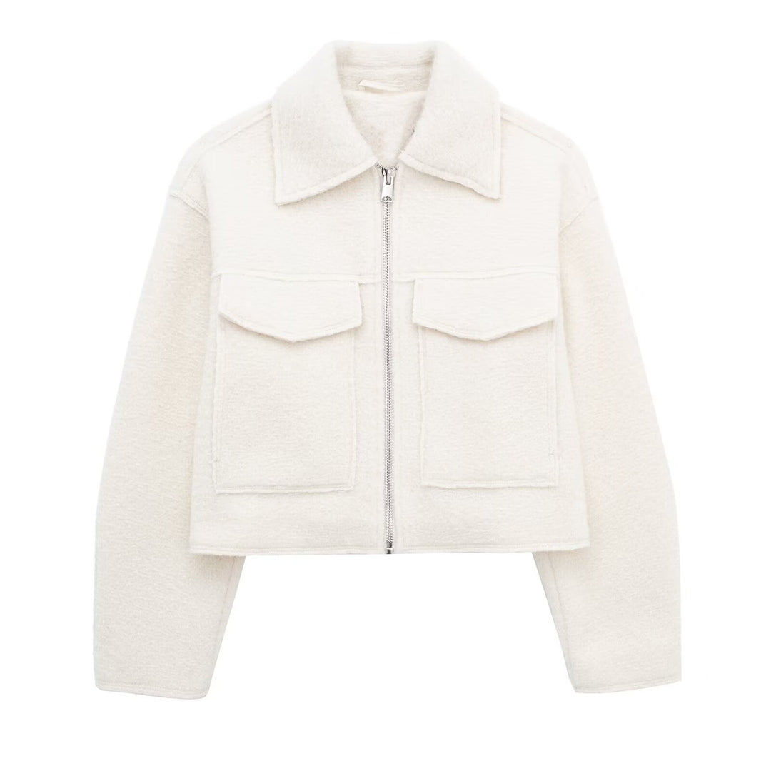 Damen Kurz geschnittene Teddyjacke mit Reißverschluss, Kragen und aufgesetzten Klappentaschen Nord Taschen