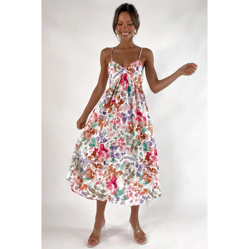 Damen Maxikleid mit floralem Design und dekorativem Knotendetail