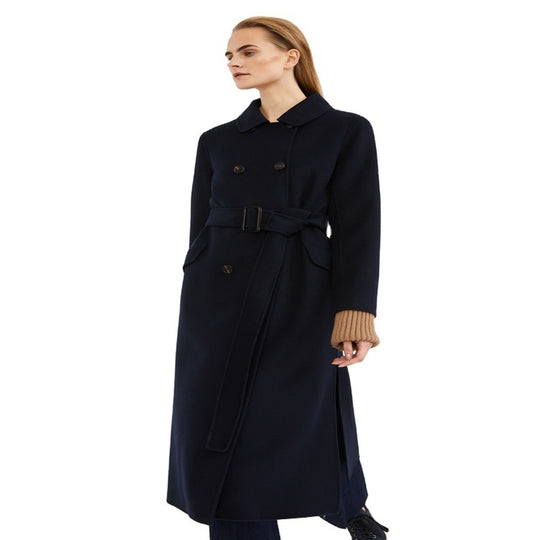 Damen Longcoat im minimalistischen Mantelkleid‑Look mit verdeckter Doppelreihe und Stoffgürtel Nord Taschen