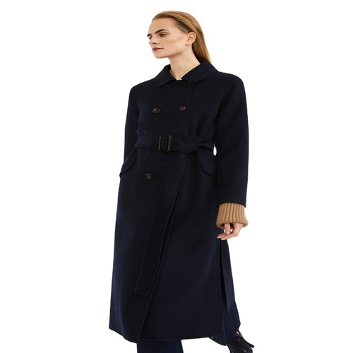Damen Longcoat im minimalistischen Mantelkleid‑Look mit verdeckter Doppelreihe und Stoffgürtel Nord Taschen