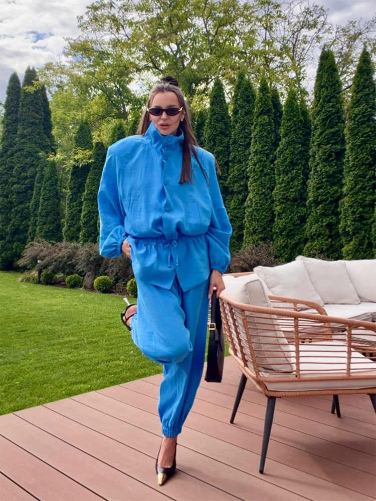 Damen leichtes lässiges Jogging-Set mit Tunnelzug, Stehkragen und elastischem Bund Nord Taschen