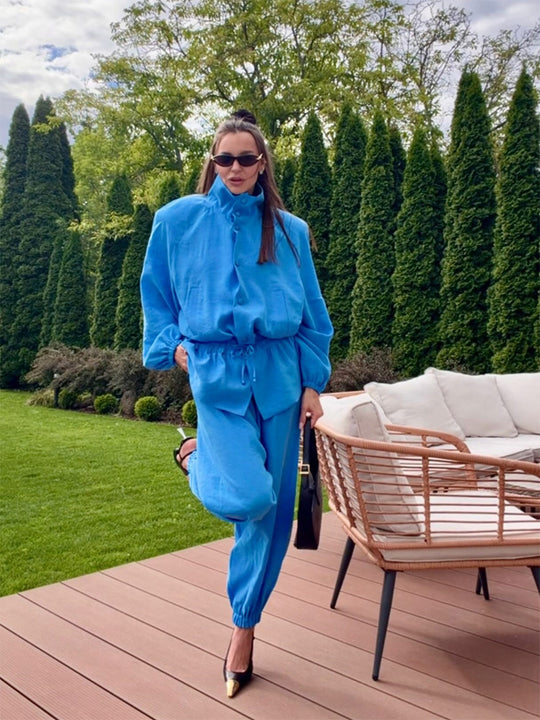 Damen leichtes lässiges Jogging-Set mit Tunnelzug, Stehkragen und elastischem Bund Nord Taschen