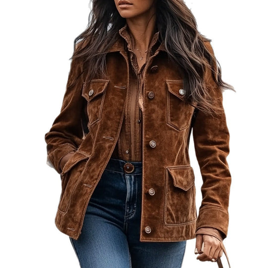 Damen Kurzjacke im Ranch‑Worker‑Look aus Wildlederoptik mit Pattentaschen und sichtbarer Knopfleiste Nord Taschen
