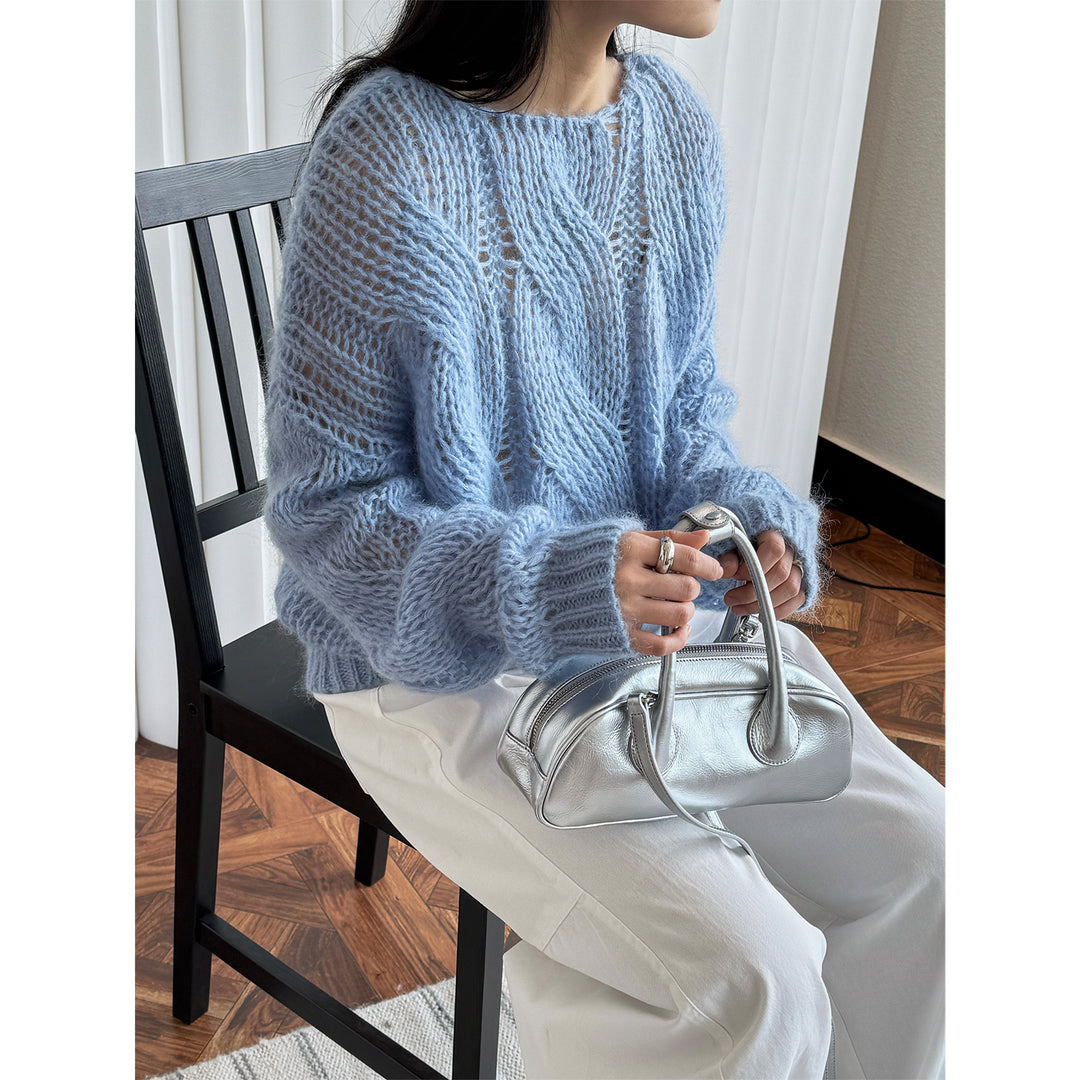 Damen Oversize Mohair‑Optik Zopfmuster‑Pullover mit Transparent‑Effekt Nord Taschen