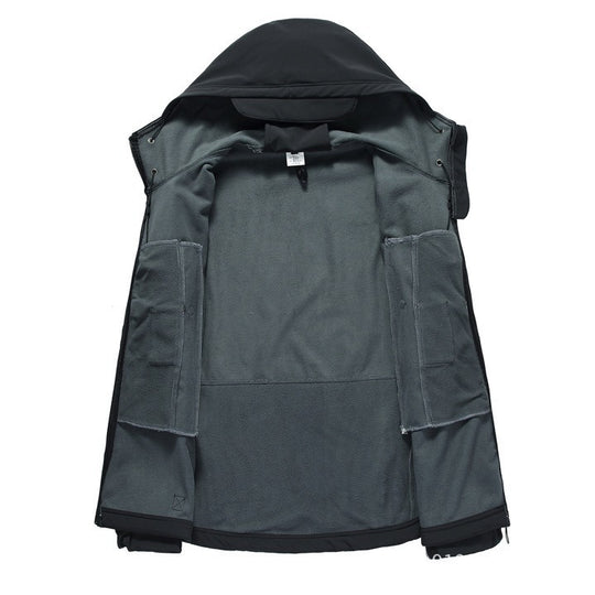 Herren taktische Softshell‑Fieldjacke mit Kapuze, Multifunktionstaschen und Klettpatchfläche Nord Taschen