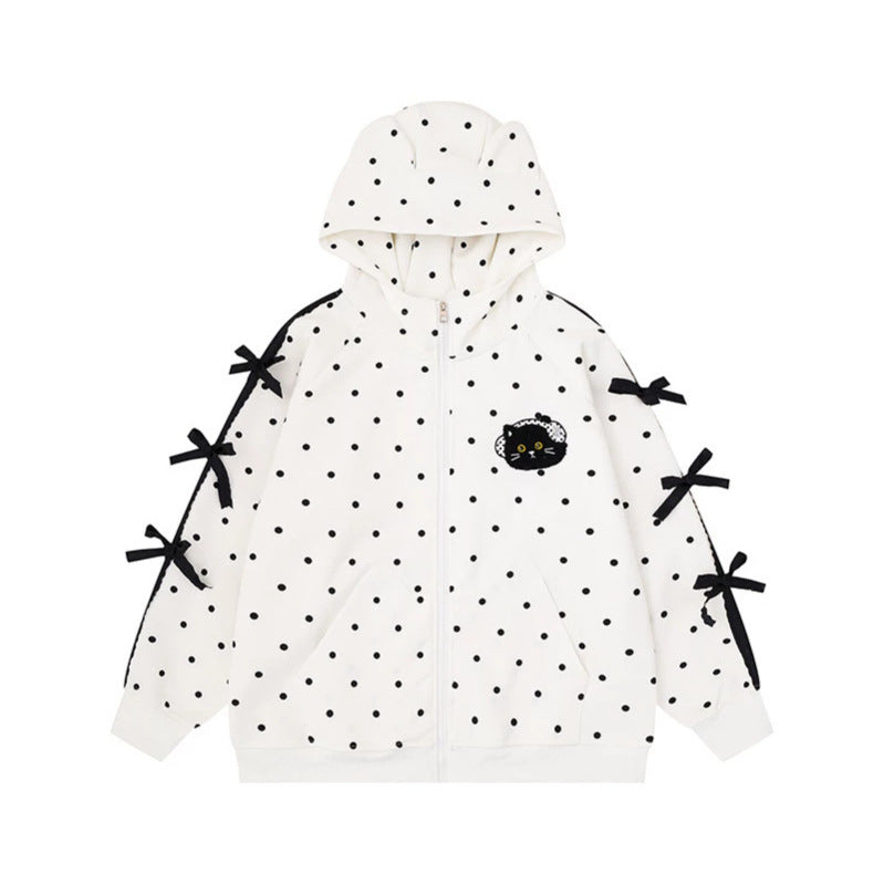 Damen Kapuzen‑Sweatjacke mit Punkte‑Allover, Katzen‑Patch, Schleifenärmeln und Ohrenkapuze Nord Taschen