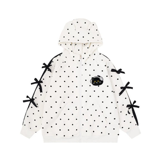 Damen Kapuzen‑Sweatjacke mit Punkte‑Allover, Katzen‑Patch, Schleifenärmeln und Ohrenkapuze Nord Taschen