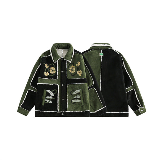 Unisex Patchwork-Lammfelloptik Jacke mit Blumenstickerei Nord Taschen