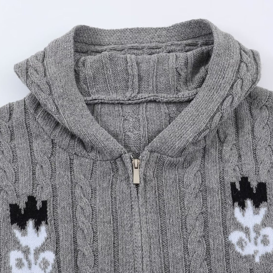 Damen Zweiteiliges Strick-Set mit Zipper-Kapuzenjacke und kurzem Zopfmuster-Rock Nord Taschen