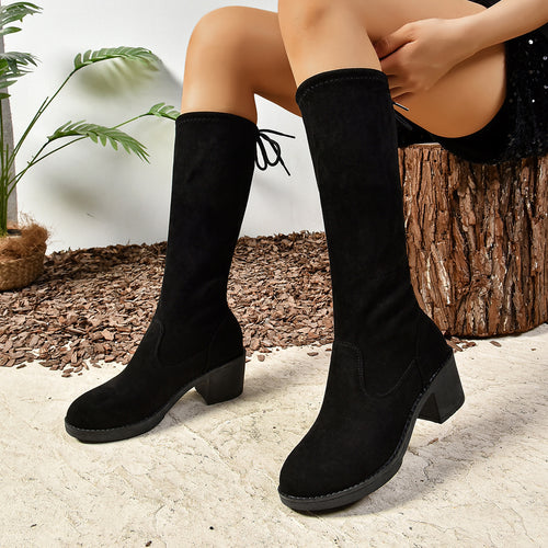 Damen Kniehohe Stiefel mit Blockabsatz, Velours‑Optik, elastischem Schaft und rückseitiger Zierschnürung Nord Taschen