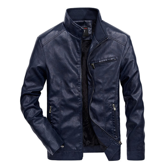Herren Slim-Fit Kunstleder-Motojacke mit Stehkragen, Reißverschluss-Taschen und verstärkter Nahtführung Nord Taschen