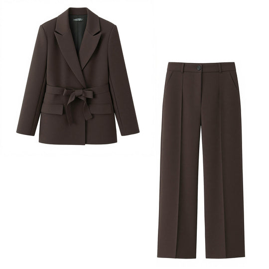 Damen Zweiteiliges Blazer-Set mit Bindegürtel, tailliertem Sakko und hochtaillierter weiter Hose Nord Taschen