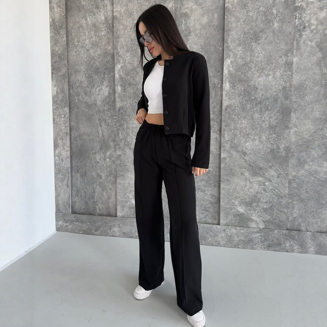 Damen Elegantes Zweiteiler-Set mit Kurzjacke und Hochbund-Faltenhose Nord Taschen