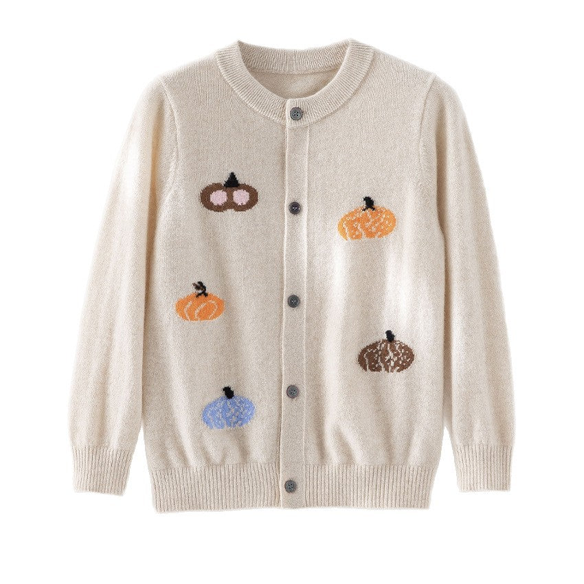 Damen Strickjacke mit Intarsia-Kürbismotiven, Rundhalsausschnitt und Knopfleiste Nord Taschen