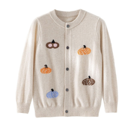 Damen Strickjacke mit Intarsia-Kürbismotiven, Rundhalsausschnitt und Knopfleiste Nord Taschen