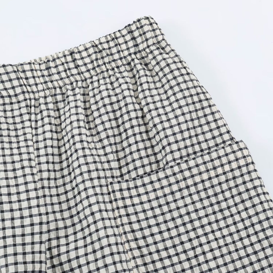 Damen Leichte karierte Seersucker-Hose mit Gummibund, aufgesetzten Taschen und schmal zulaufendem Bein Nord Taschen
