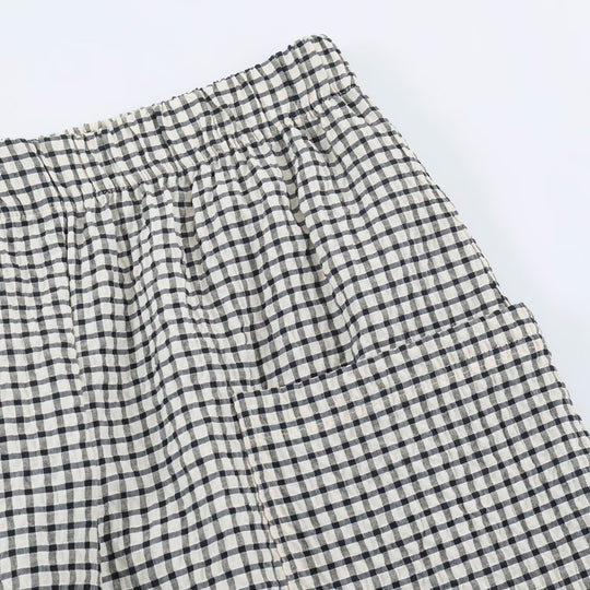 Damen Leichte karierte Seersucker-Hose mit Gummibund, aufgesetzten Taschen und schmal zulaufendem Bein Nord Taschen