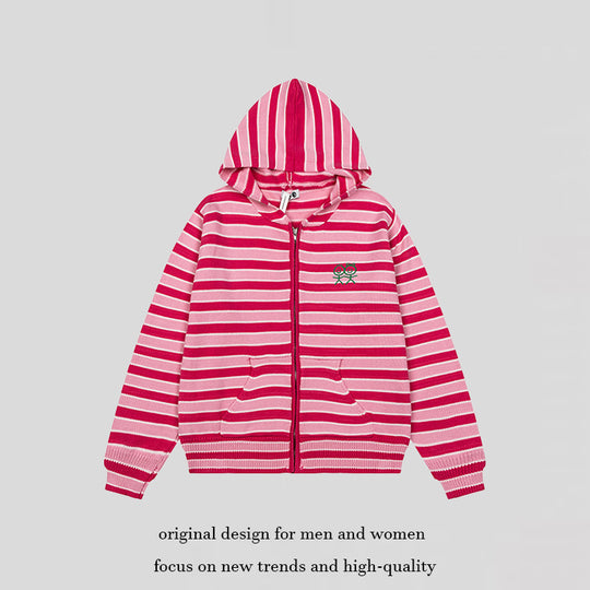 Damen Gestreifte Kapuzen-Strickjacke mit durchgehendem Reißverschluss und Eingrifftaschen Nord Taschen