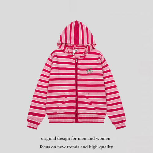 Damen Gestreifte Kapuzen-Strickjacke mit durchgehendem Reißverschluss und Eingrifftaschen Nord Taschen