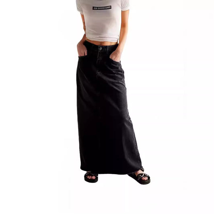 Damen Maxirock aus schwarzem Denim mit seitlichen Taschen und lässigem Schnitt