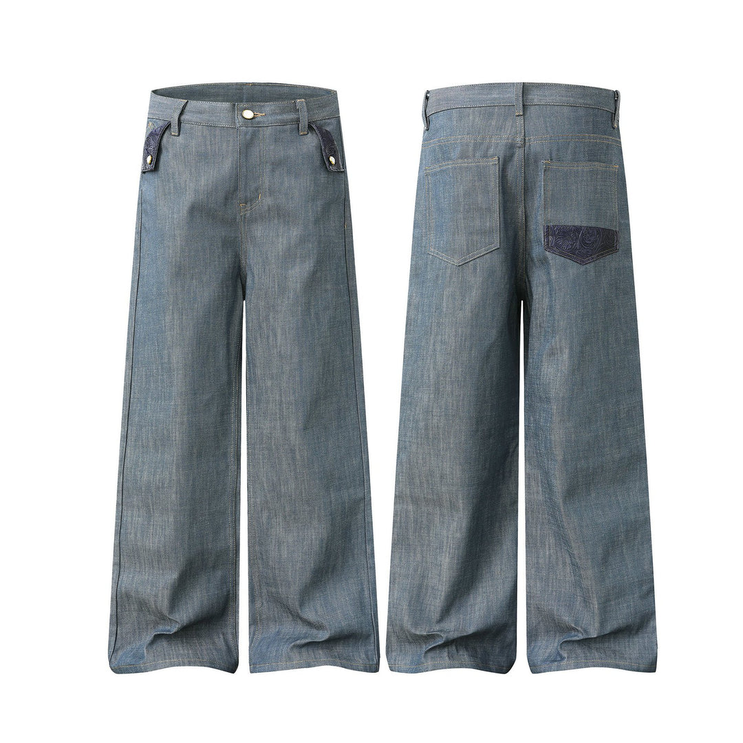 Damen Hochtaillierte weite Jeanshose mit dekorativen Pattentaschen und geradem Bein Nord Taschen