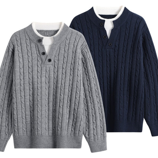 Damen Oversize Zopfstrick-Pullover mit Henley‑Kragen und Kontrastinnenkragen Nord Taschen