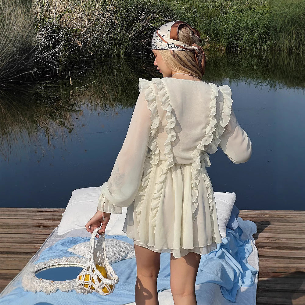 Damen Romantisches Chiffon-Minikleid mit Volants und Schnürdetail Nord Taschen