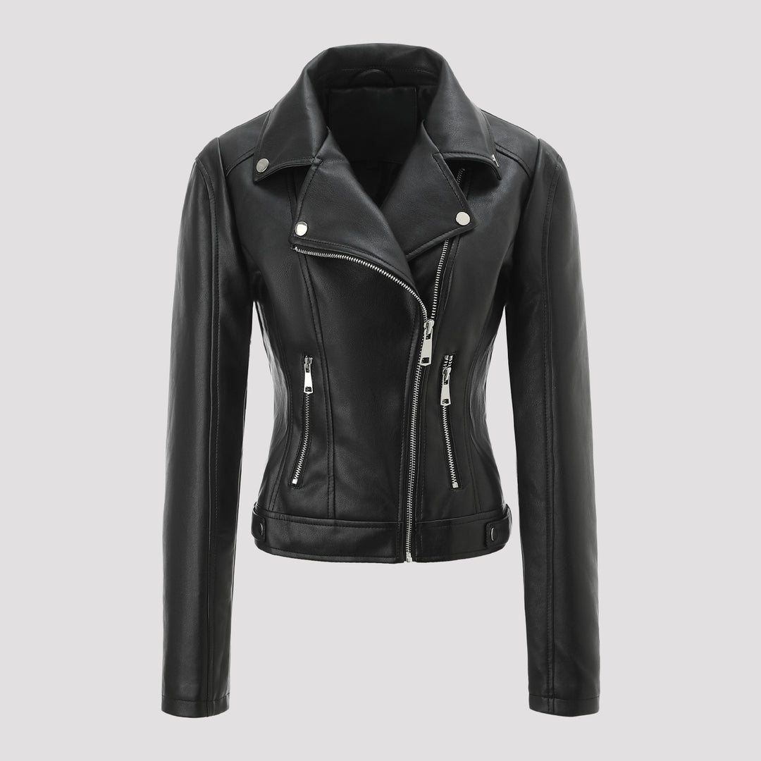 Damen Kurz geschnittene taillierte Bikerjacke aus Nappaleder mit asymmetrischem Reißverschluss Nord Taschen