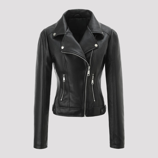 Damen Kurz geschnittene taillierte Bikerjacke aus Nappaleder mit asymmetrischem Reißverschluss Nord Taschen