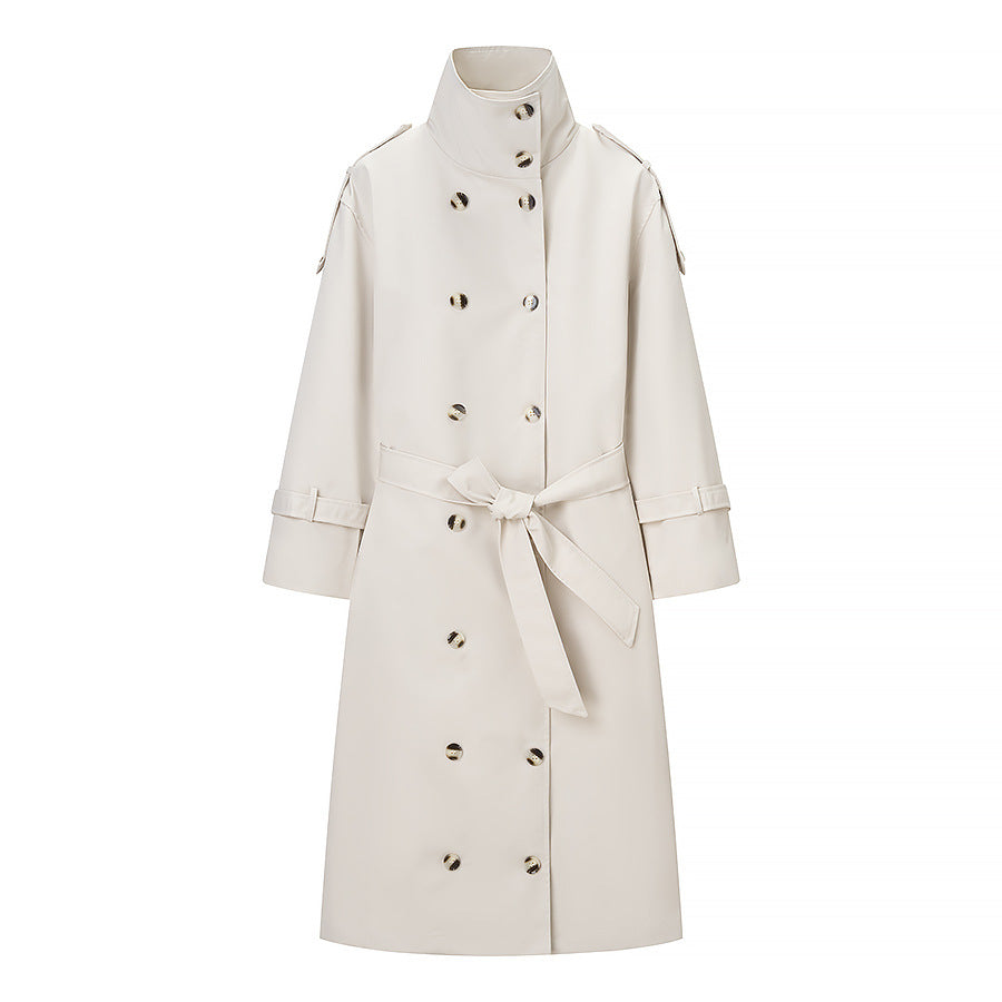 Damen Langer doppeltgereihter Trenchcoat mit hohem Stehkragen und Taillengürtel Nord Taschen