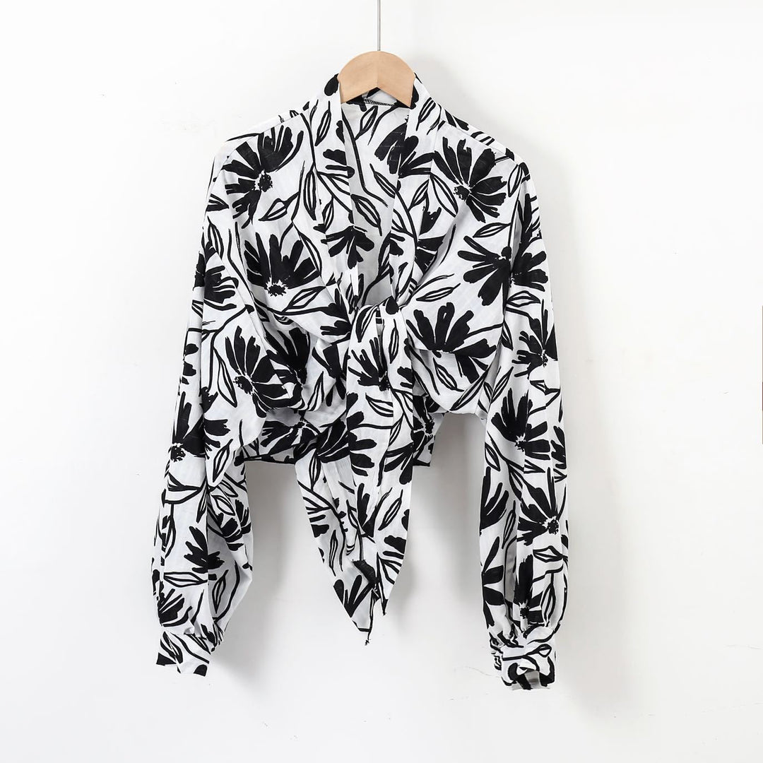 Damen nan florale Knoten-Bluse im Wickelstil mit Ballonärmeln und leichter Leinenoptik