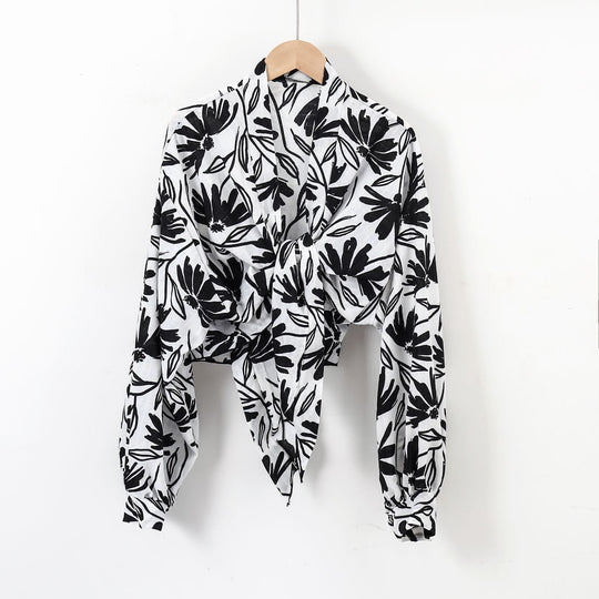 Damen nan florale Knoten-Bluse im Wickelstil mit Ballonärmeln und leichter Leinenoptik