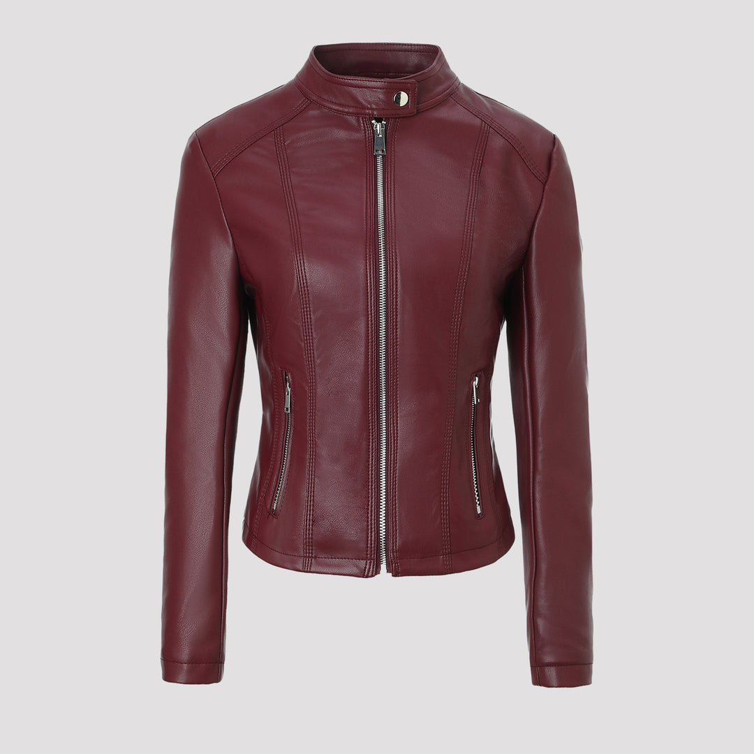 Damen Taillierte Lederjacke mit Stehkragen, vertikalen Ziernähten und Reißverschlusstaschen Nord Taschen