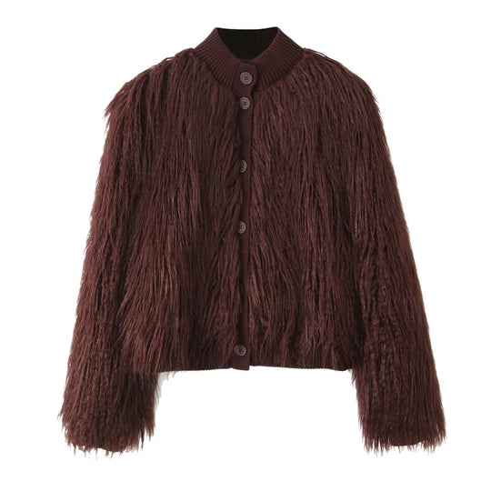 Damen Kurz geschnittene Shaggy-Faux-Fur-Strickjacke mit Rippkragen und Knopfleiste Nord Taschen