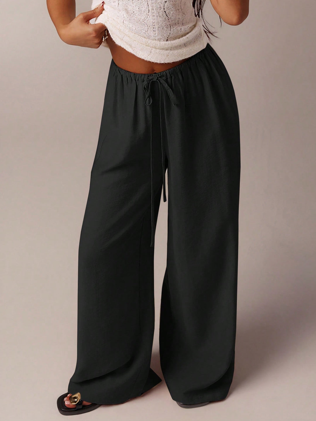 Damen Weite Relax-Hose aus Viskose-Leinen-Mix mit Elastikbund und Kordel Nord Taschen