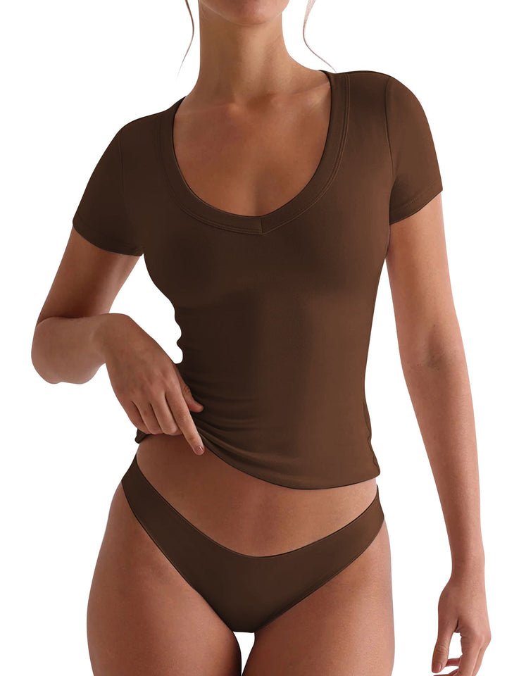 Damen figurbetontes V-Neck T-Shirt mit kurzen Ärmeln