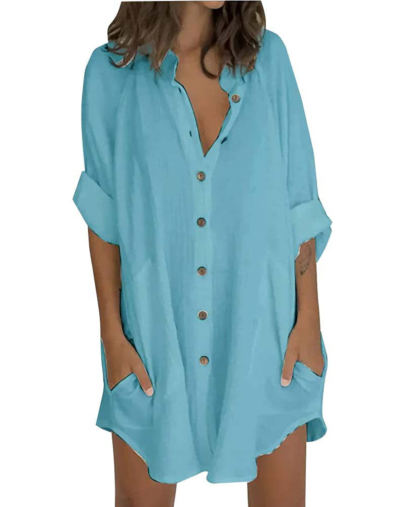 Damen lässiges Hemdblusenkleid mit Knopfleiste und praktischen Taschen