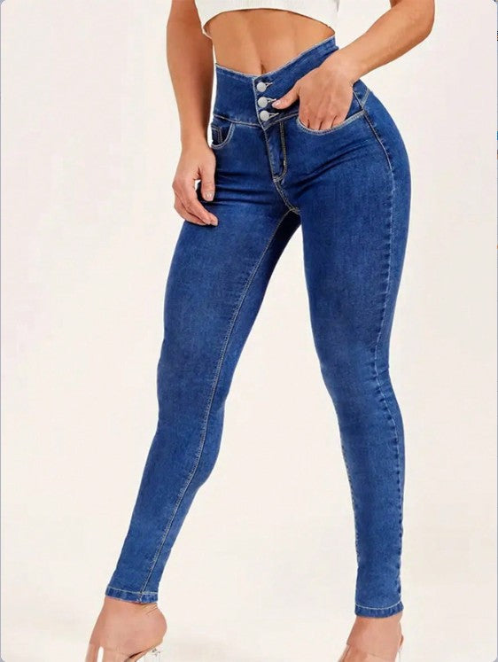 Damen High-Waist Sculpting-Skinny-Jeans mit taillenbildendem V-Bund und Doppelknopfverschluss Nord Taschen