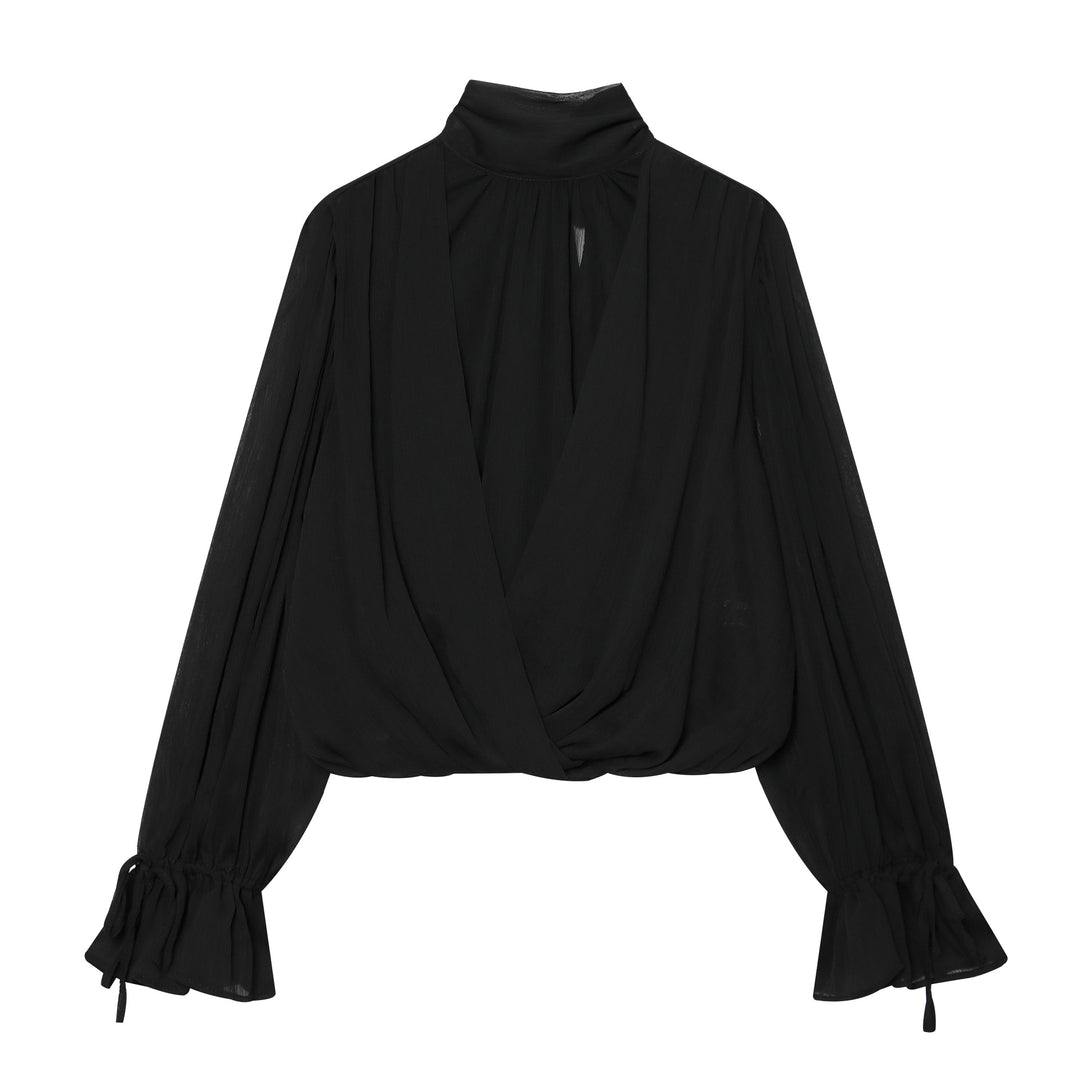 Damen Schlupfbluse mit Schleifenkragen, plissierten Volantärmeln und elastischem Saum Nord Taschen