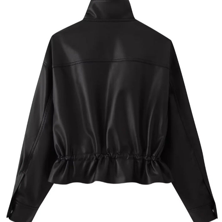 Damen Kurz geschnittener Kunstleder-Blouson mit hohem Stehkragen, Brustpatten und Tunnelzug Nord Taschen