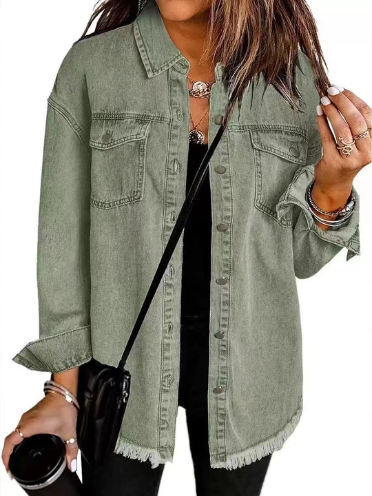 Damen Oversize Jeanshemdjacke mit Fransensaum Nord Taschen