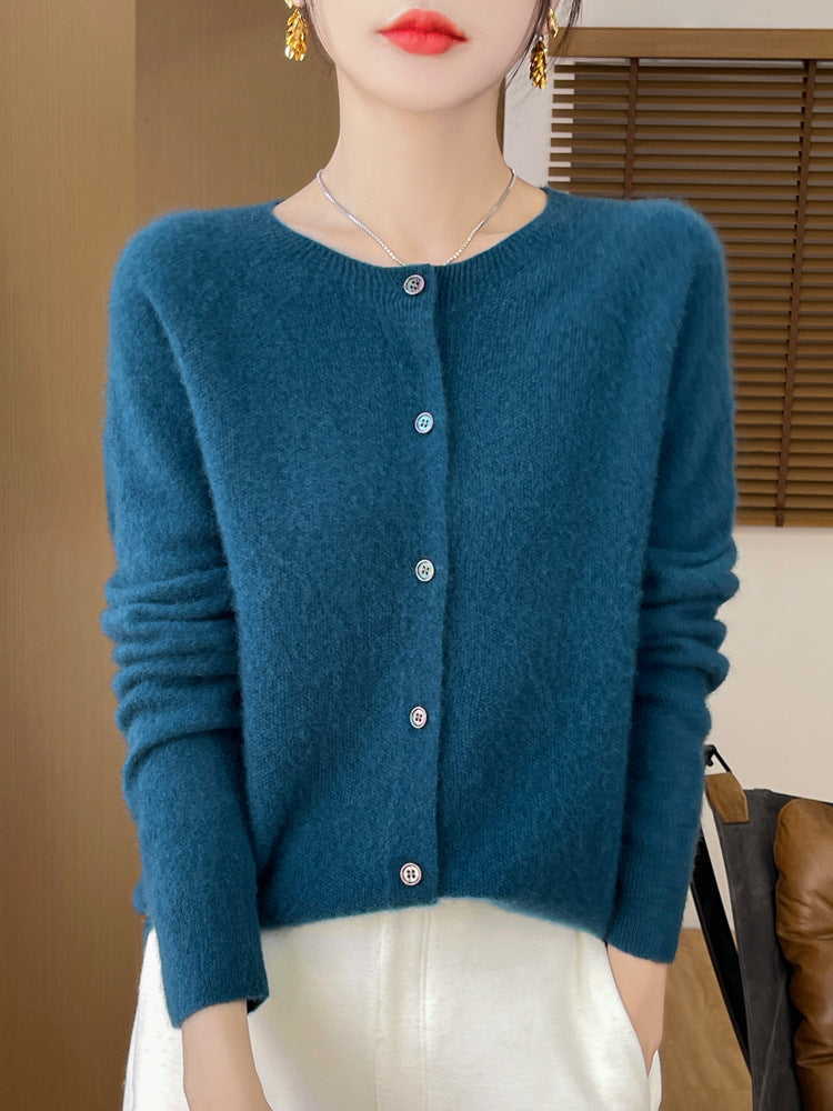 Damen Kuscheliger Kurzcardigan aus Mohair‑Mix mit feiner Schurwollstruktur und Perlmuttknopfleiste Nord Taschen