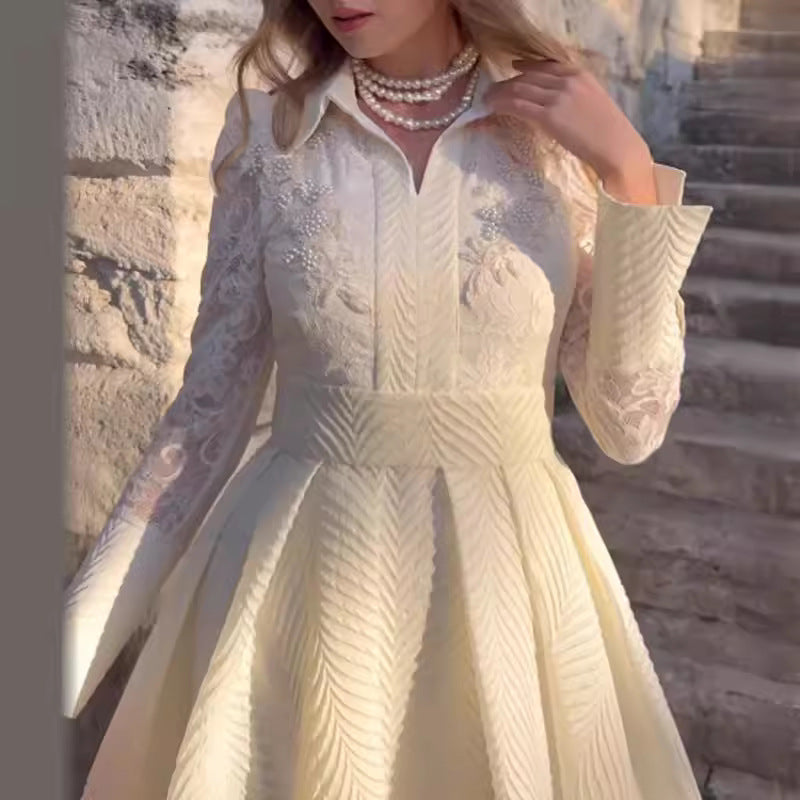 Damen Elegantes Maxikleid mit Spitzenärmeln und Taillengürtel