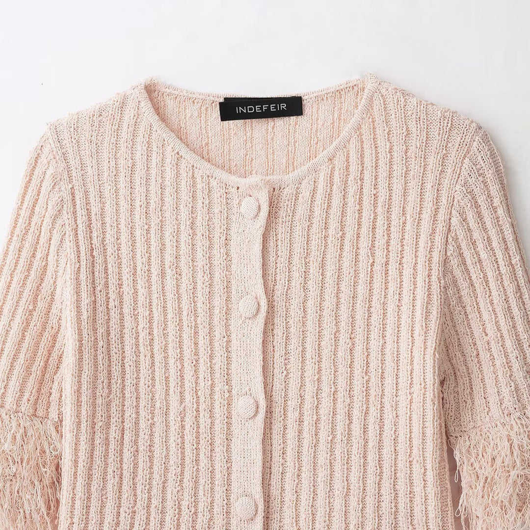 Damen Bouclé-Cardigan mit Fransenärmeln und verdeckter Knopfleiste Nord Taschen