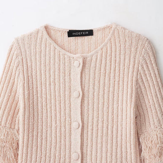 Damen Bouclé-Cardigan mit Fransenärmeln und verdeckter Knopfleiste Nord Taschen
